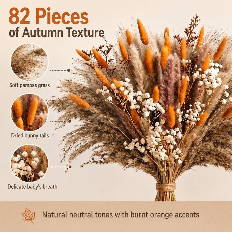 Picture of 82 Pcs Dried Flowers Bouquet for Fall Decor, Autumn Pampas Grass Decor 44cm Orange natural dried flowers for autumn decor, vase filler and wedding table centrepiece; DIY pack, no vase included.