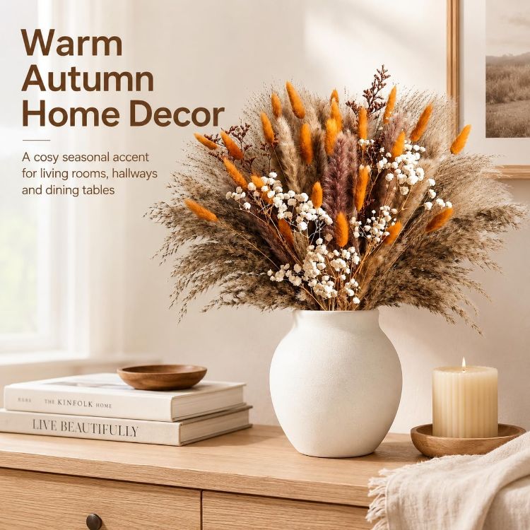 Picture of 82 Pcs Dried Flowers Bouquet for Fall Decor, Autumn Pampas Grass Decor 44cm Orange natural dried flowers for autumn decor, vase filler and wedding table centrepiece; DIY pack, no vase included.