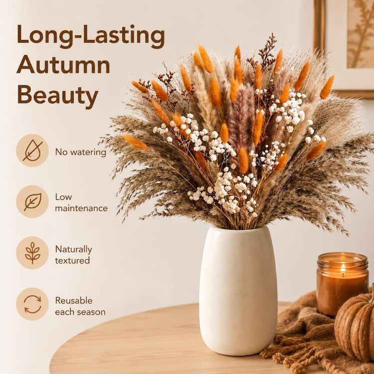 Picture of 82 Pcs Dried Flowers Bouquet for Fall Decor, Autumn Pampas Grass Decor 44cm Orange natural dried flowers for autumn decor, vase filler and wedding table centrepiece; DIY pack, no vase included.