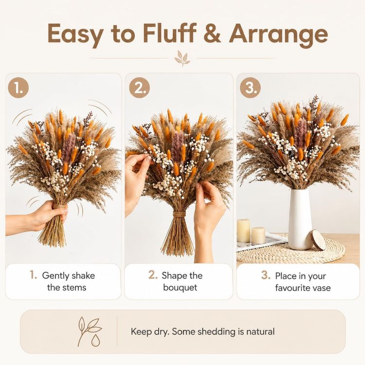 Picture of 82 Pcs Dried Flowers Bouquet for Fall Decor, Autumn Pampas Grass Decor 44cm Orange natural dried flowers for autumn decor, vase filler and wedding table centrepiece; DIY pack, no vase included.