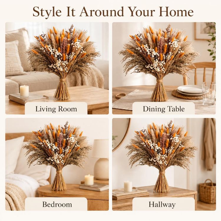 Picture of 82 Pcs Dried Flowers Bouquet for Fall Decor, Autumn Pampas Grass Decor 44cm Orange natural dried flowers for autumn decor, vase filler and wedding table centrepiece; DIY pack, no vase included.