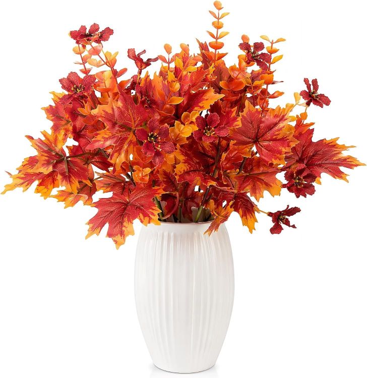 Picture of Artificial Autumn Flowers 4 Pcs, Fake Maple Leaves Branches with Eucalyptus 7 Fork Maple Branches with Orange Eucalyptus Stem for Fall Vase Home Thanksgiving Harvest Halloween Christmas Decor