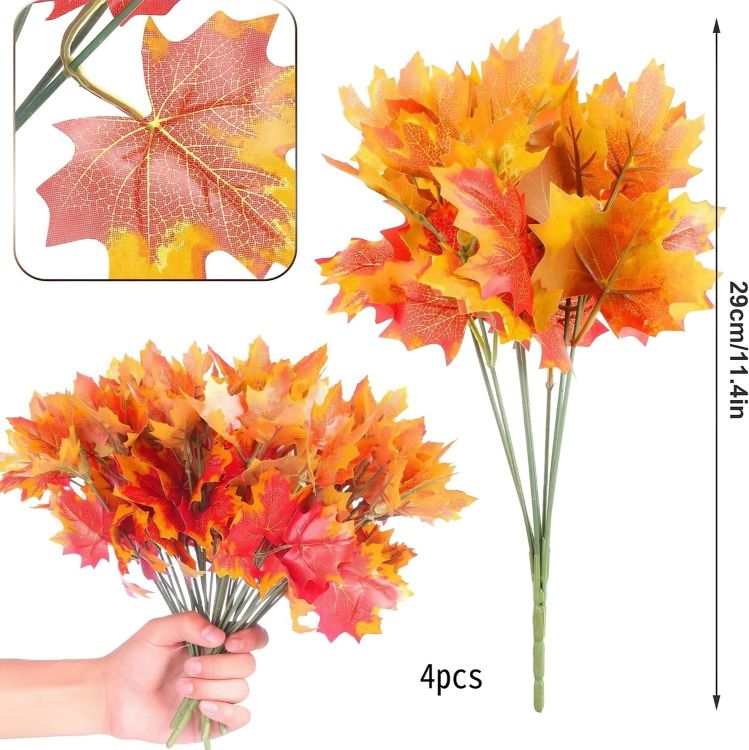 Picture of Artificial Autumn Flowers 4 Pcs, Fake Maple Leaves Branches with Eucalyptus 7 Fork Maple Branches with Orange Eucalyptus Stem for Fall Vase Home Thanksgiving Harvest Halloween Christmas Decor