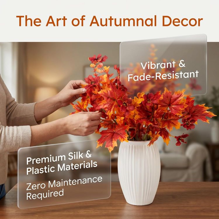 Picture of Artificial Autumn Flowers 4 Pcs, Fake Maple Leaves Branches with Eucalyptus 7 Fork Maple Branches with Orange Eucalyptus Stem for Fall Vase Home Thanksgiving Harvest Halloween Christmas Decor