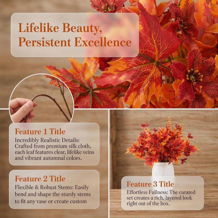 Picture of Artificial Autumn Flowers 4 Pcs, Fake Maple Leaves Branches with Eucalyptus 7 Fork Maple Branches with Orange Eucalyptus Stem for Fall Vase Home Thanksgiving Harvest Halloween Christmas Decor