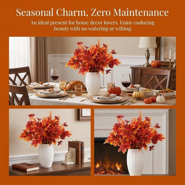 Picture of Artificial Autumn Flowers 4 Pcs, Fake Maple Leaves Branches with Eucalyptus 7 Fork Maple Branches with Orange Eucalyptus Stem for Fall Vase Home Thanksgiving Harvest Halloween Christmas Decor