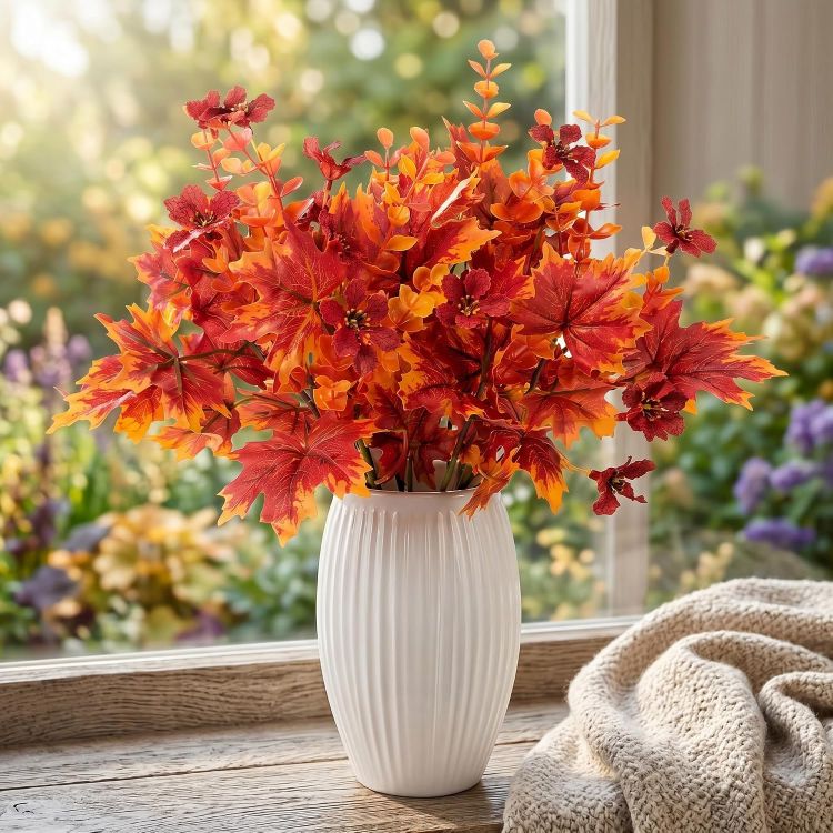 Picture of Artificial Autumn Flowers 4 Pcs, Fake Maple Leaves Branches with Eucalyptus 7 Fork Maple Branches with Orange Eucalyptus Stem for Fall Vase Home Thanksgiving Harvest Halloween Christmas Decor