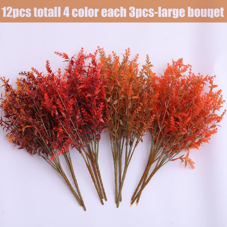 Picture of 12 Bundles Artificial Fall Flowers No Fade Faux Autumn Plants,Fake Indoor Outdoor Greenery for Thanksgiving Christmas Wedding Party Home Garden Décor (Autumn)