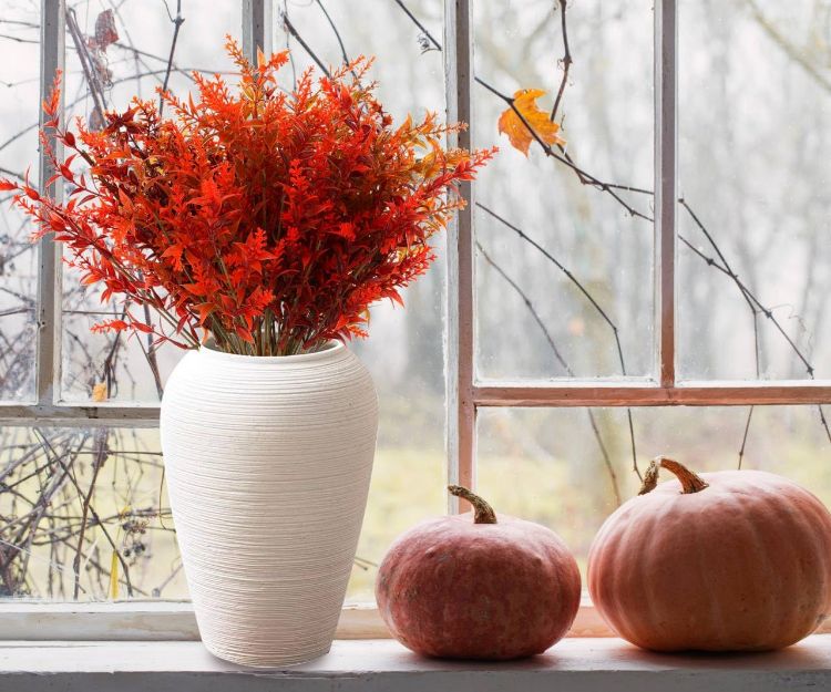 Picture of 12 Bundles Artificial Fall Flowers No Fade Faux Autumn Plants,Fake Indoor Outdoor Greenery for Thanksgiving Christmas Wedding Party Home Garden Décor (Autumn)