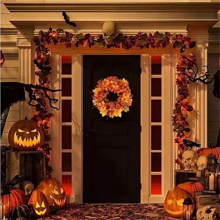 Picture of Artificial Wreath 50cm/20in Christmas Front Door Rattan Garland with Pumpkin Berries Pine Cone Maple Leaves for Thanksgiving Halloween Christmas Autumn Home Decoration
