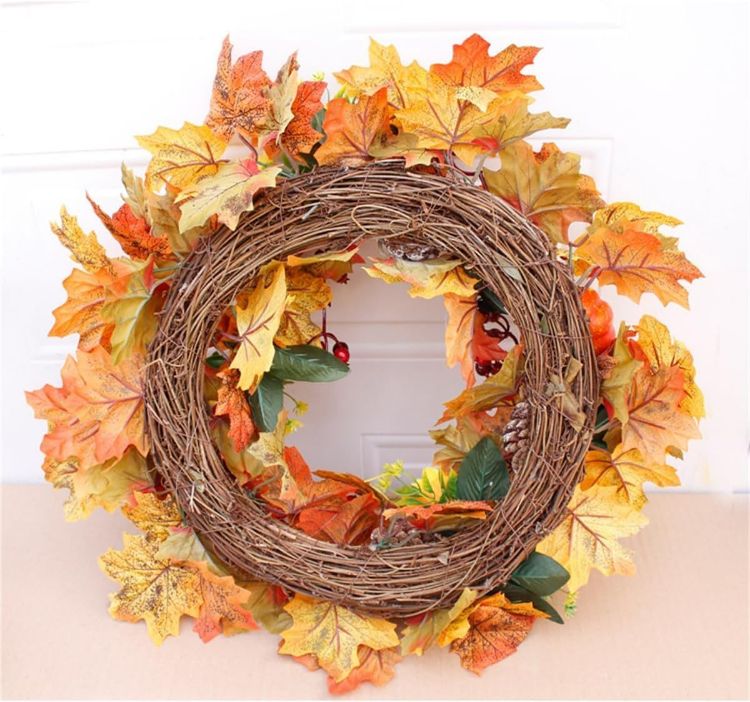Picture of Artificial Wreath 50cm/20in Christmas Front Door Rattan Garland with Pumpkin Berries Pine Cone Maple Leaves for Thanksgiving Halloween Christmas Autumn Home Decoration