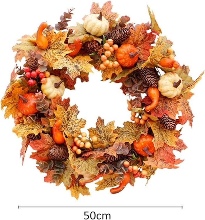 Picture of Artificial Wreath 50cm/20in Christmas Front Door Rattan Garland with Pumpkin Berries Pine Cone Maple Leaves for Thanksgiving Halloween Christmas Autumn Home Decoration