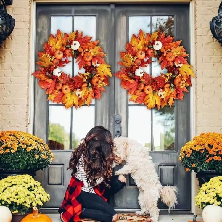 Picture of Artificial Wreath 50cm/20in Christmas Front Door Rattan Garland with Pumpkin Berries Pine Cone Maple Leaves for Thanksgiving Halloween Christmas Autumn Home Decoration