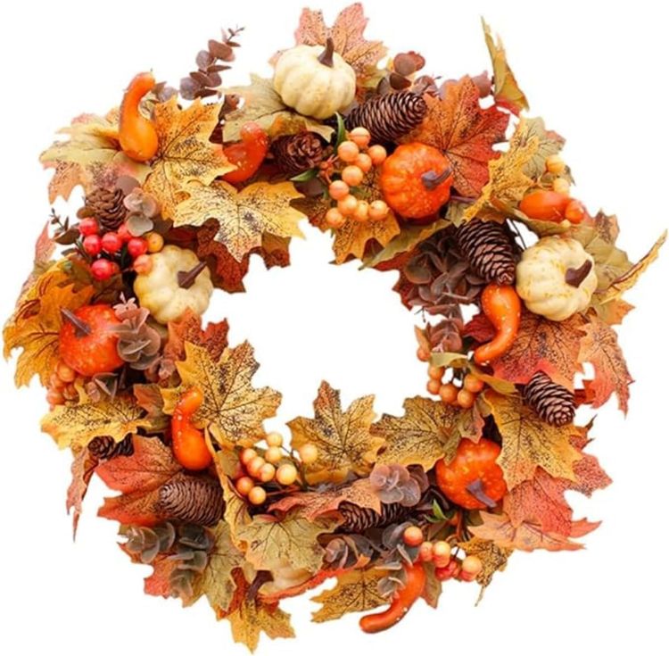 Picture of Artificial Wreath 50cm/20in Christmas Front Door Rattan Garland with Pumpkin Berries Pine Cone Maple Leaves for Thanksgiving Halloween Christmas Autumn Home Decoration