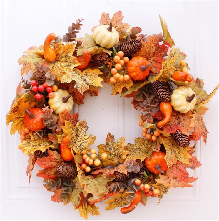 Picture of Artificial Wreath 50cm/20in Christmas Front Door Rattan Garland with Pumpkin Berries Pine Cone Maple Leaves for Thanksgiving Halloween Christmas Autumn Home Decoration