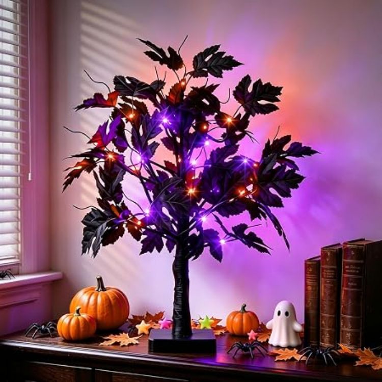 Picture of 2 Pack 22" Lighted Maple Tree Fall Decor, Fall Tree with Lights Thanksgiving Decorations,24 LED Artificial Tree Battery Operated Centerpiece Table Decorations for Home Party Autumn Decor