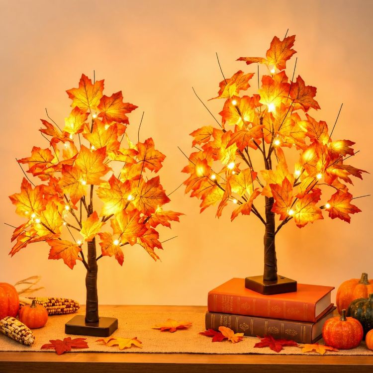 Picture of 2 Pack 22" Lighted Maple Tree Fall Decor, Fall Tree with Lights Thanksgiving Decorations,24 LED Artificial Tree Battery Operated Centerpiece Table Decorations for Home Party Autumn Decor