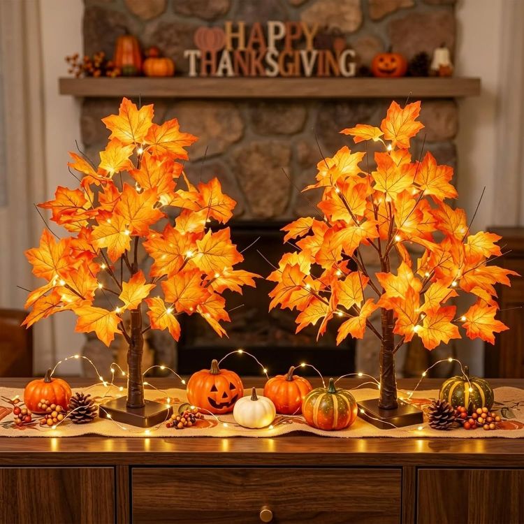 Picture of 2 Pack 22" Lighted Maple Tree Fall Decor, Fall Tree with Lights Thanksgiving Decorations,24 LED Artificial Tree Battery Operated Centerpiece Table Decorations for Home Party Autumn Decor