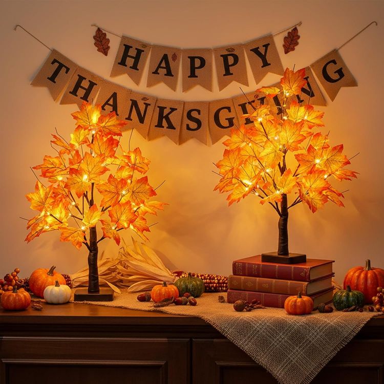 Picture of 2 Pack 22" Lighted Maple Tree Fall Decor, Fall Tree with Lights Thanksgiving Decorations,24 LED Artificial Tree Battery Operated Centerpiece Table Decorations for Home Party Autumn Decor