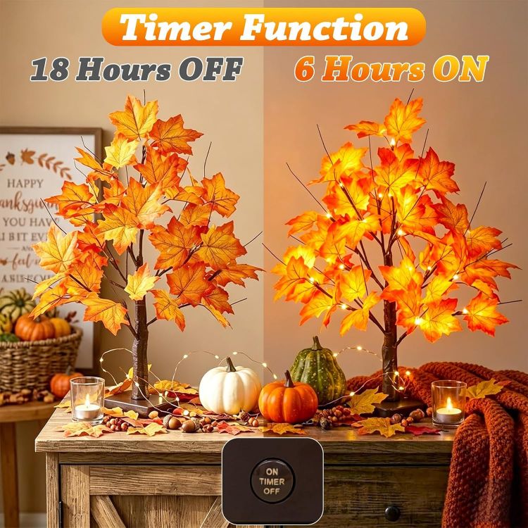 Picture of 2 Pack 22" Lighted Maple Tree Fall Decor, Fall Tree with Lights Thanksgiving Decorations,24 LED Artificial Tree Battery Operated Centerpiece Table Decorations for Home Party Autumn Decor