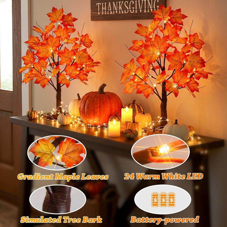 Picture of 2 Pack 22" Lighted Maple Tree Fall Decor, Fall Tree with Lights Thanksgiving Decorations,24 LED Artificial Tree Battery Operated Centerpiece Table Decorations for Home Party Autumn Decor