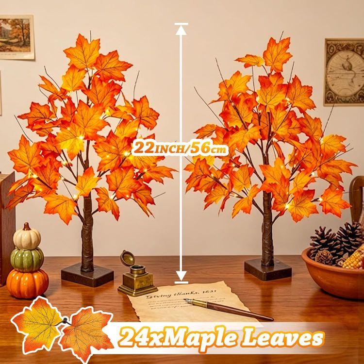 Picture of 2 Pack 22" Lighted Maple Tree Fall Decor, Fall Tree with Lights Thanksgiving Decorations,24 LED Artificial Tree Battery Operated Centerpiece Table Decorations for Home Party Autumn Decor