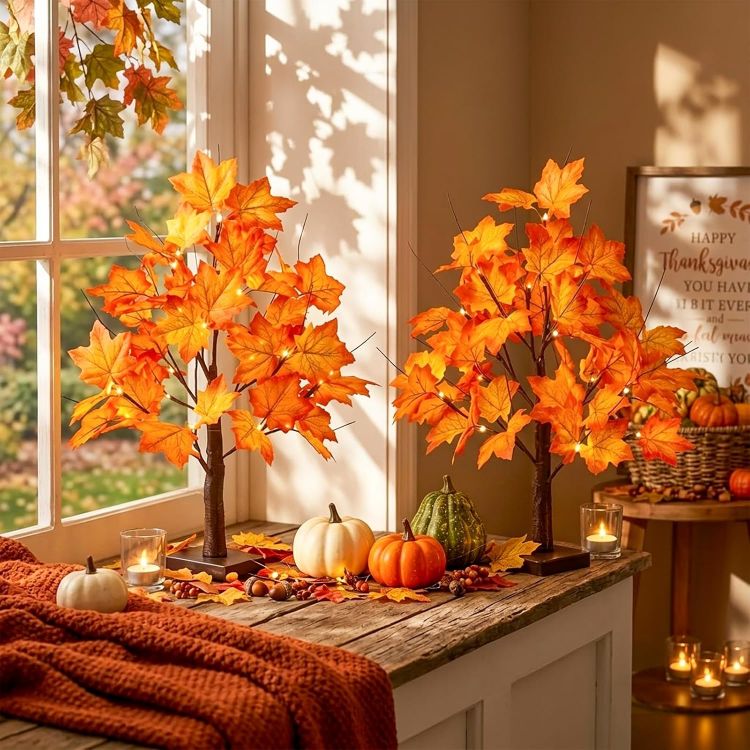 Picture of 2 Pack 22" Lighted Maple Tree Fall Decor, Fall Tree with Lights Thanksgiving Decorations,24 LED Artificial Tree Battery Operated Centerpiece Table Decorations for Home Party Autumn Decor