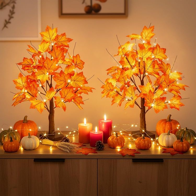 Picture of 2 Pack 22" Lighted Maple Tree Fall Decor, Fall Tree with Lights Thanksgiving Decorations,24 LED Artificial Tree Battery Operated Centerpiece Table Decorations for Home Party Autumn Decor