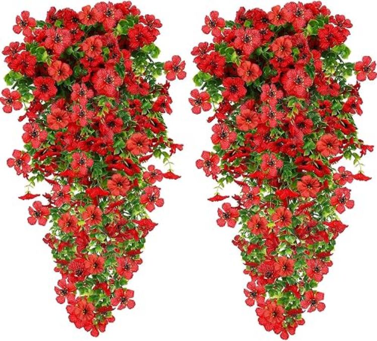 Picture of 4 Bundles Autumn Artificial Flowers Outdoor, 77cm Artificial Hanging Plants UV-Resistant Autumn Fake Flowers Decorations, 2 Color Silk flowers, Faux plants for Hanging Baskets Front Door Garden Planter