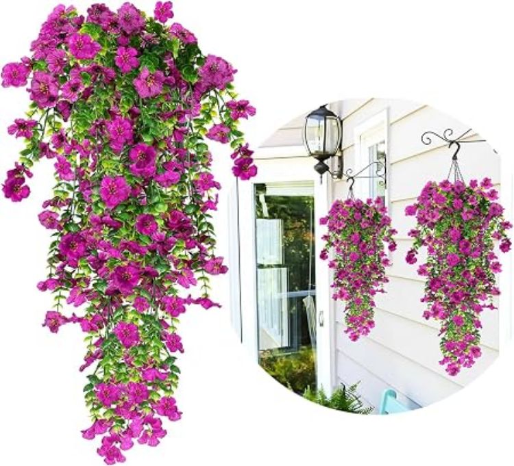 Picture of 4 Bundles Autumn Artificial Flowers Outdoor, 77cm Artificial Hanging Plants UV-Resistant Autumn Fake Flowers Decorations, 2 Color Silk flowers, Faux plants for Hanging Baskets Front Door Garden Planter