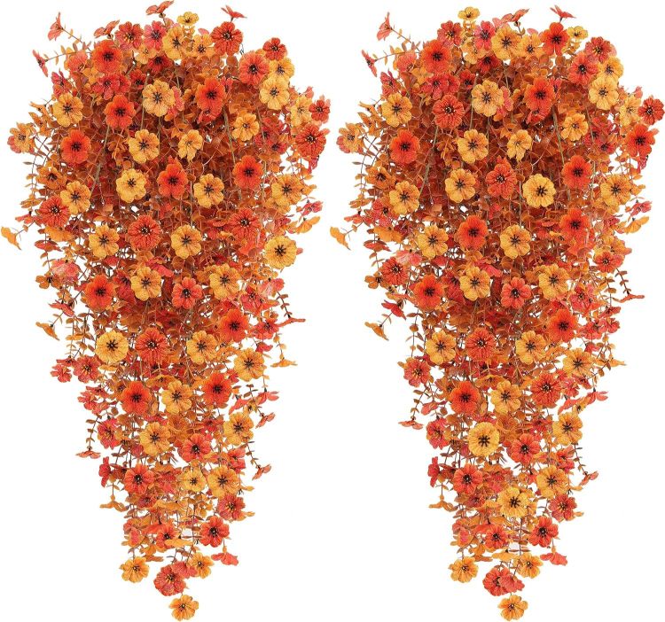Picture of 4 Bundles Autumn Artificial Flowers Outdoor, 77cm Artificial Hanging Plants UV-Resistant Autumn Fake Flowers Decorations, 2 Color Silk flowers, Faux plants for Hanging Baskets Front Door Garden Planter
