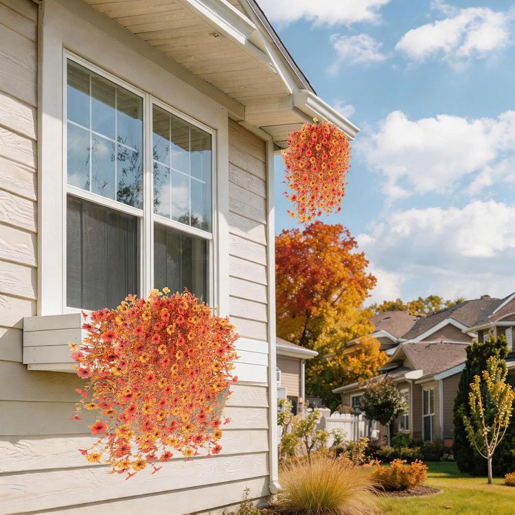 Picture of 4 Bundles Autumn Artificial Flowers Outdoor, 77cm Artificial Hanging Plants UV-Resistant Autumn Fake Flowers Decorations, 2 Color Silk flowers, Faux plants for Hanging Baskets Front Door Garden Planter