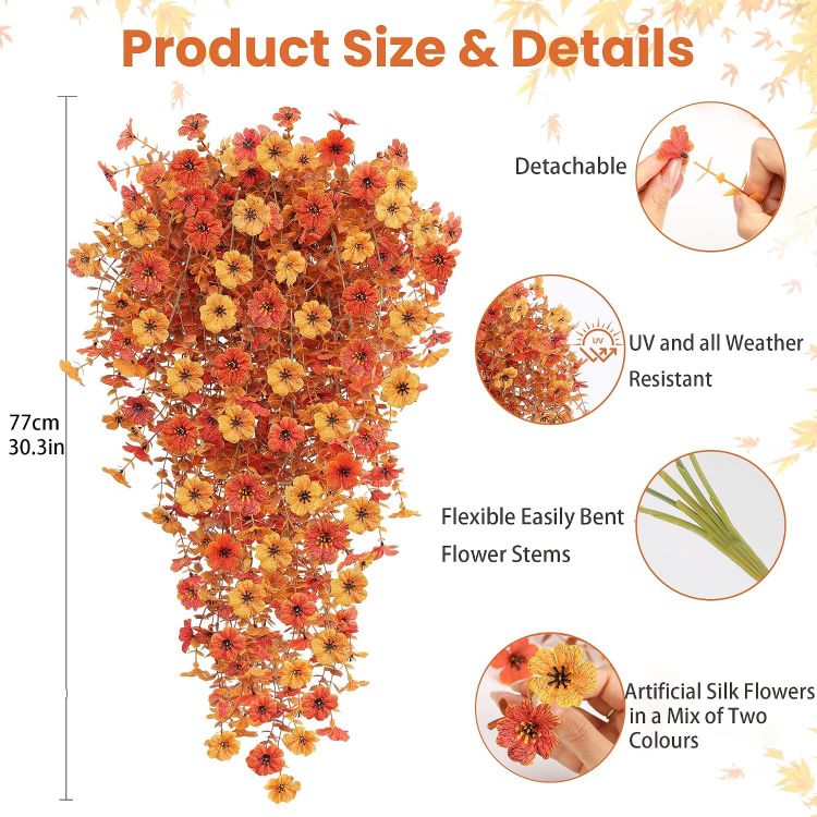 Picture of 4 Bundles Autumn Artificial Flowers Outdoor, 77cm Artificial Hanging Plants UV-Resistant Autumn Fake Flowers Decorations, 2 Color Silk flowers, Faux plants for Hanging Baskets Front Door Garden Planter