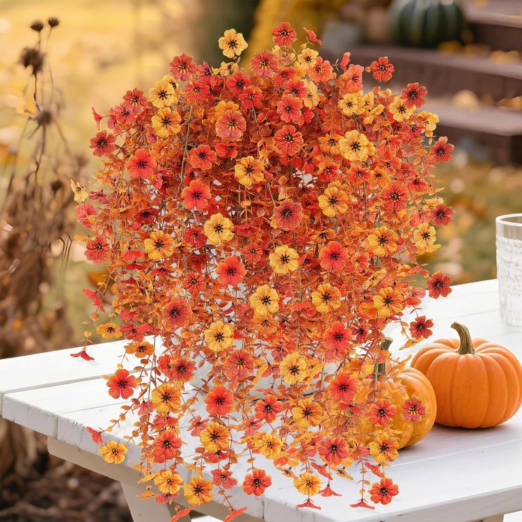 Picture of 4 Bundles Autumn Artificial Flowers Outdoor, 77cm Artificial Hanging Plants UV-Resistant Autumn Fake Flowers Decorations, 2 Color Silk flowers, Faux plants for Hanging Baskets Front Door Garden Planter