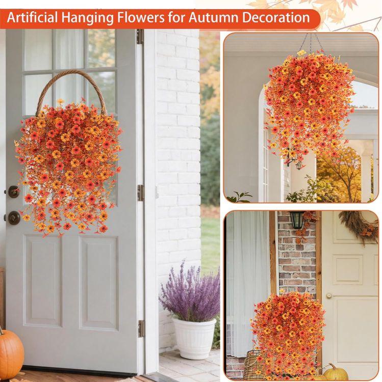 Picture of 4 Bundles Autumn Artificial Flowers Outdoor, 77cm Artificial Hanging Plants UV-Resistant Autumn Fake Flowers Decorations, 2 Color Silk flowers, Faux plants for Hanging Baskets Front Door Garden Planter