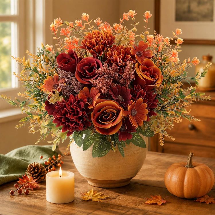 Picture of Autumn Artificial Rose Silk Flowers Faux Rose Daisy Bouquet, 6PCS 3 Flower Types, Realistic Silk, Bendable Stems. Low-Maintenance. Ideal for Weddings, Table Centerpieces, & Home Decor.
