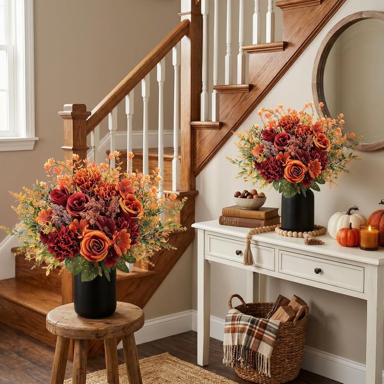 Picture of Autumn Artificial Rose Silk Flowers Faux Rose Daisy Bouquet, 6PCS 3 Flower Types, Realistic Silk, Bendable Stems. Low-Maintenance. Ideal for Weddings, Table Centerpieces, & Home Decor.