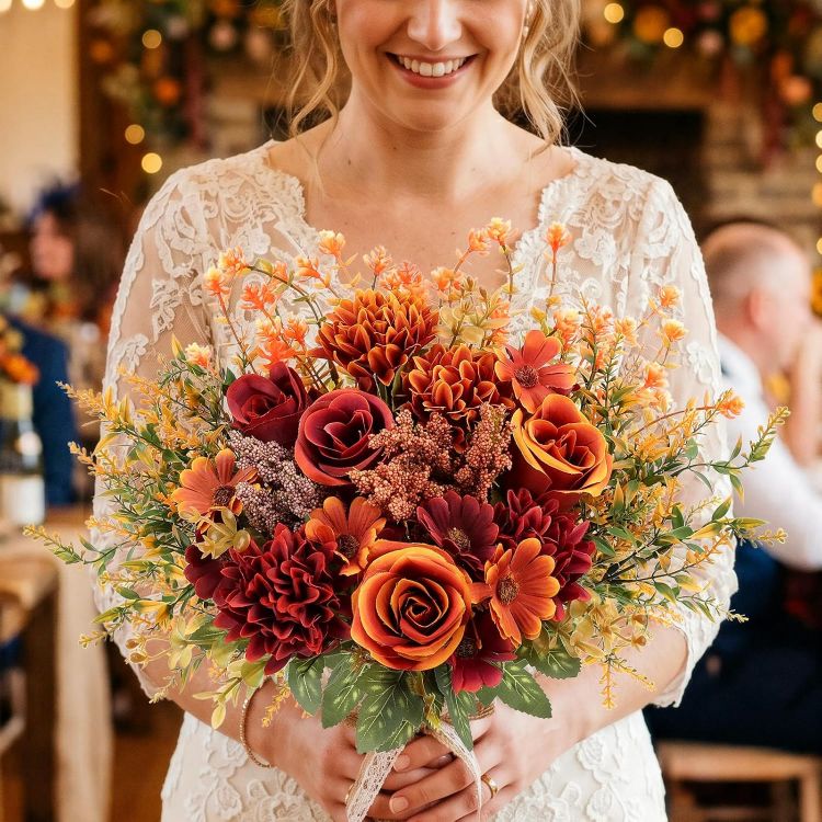 Picture of Autumn Artificial Rose Silk Flowers Faux Rose Daisy Bouquet, 6PCS 3 Flower Types, Realistic Silk, Bendable Stems. Low-Maintenance. Ideal for Weddings, Table Centerpieces, & Home Decor.