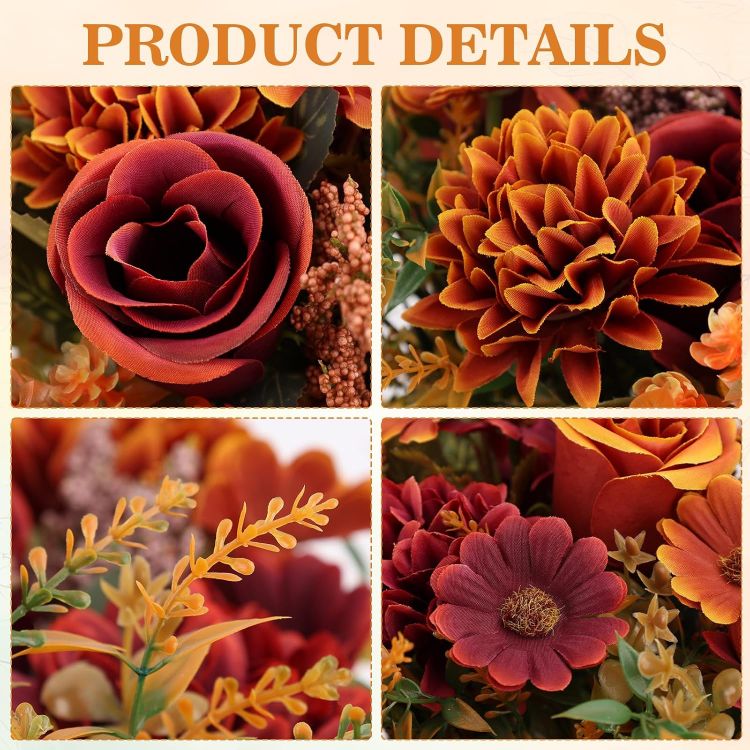 Picture of Autumn Artificial Rose Silk Flowers Faux Rose Daisy Bouquet, 6PCS 3 Flower Types, Realistic Silk, Bendable Stems. Low-Maintenance. Ideal for Weddings, Table Centerpieces, & Home Decor.