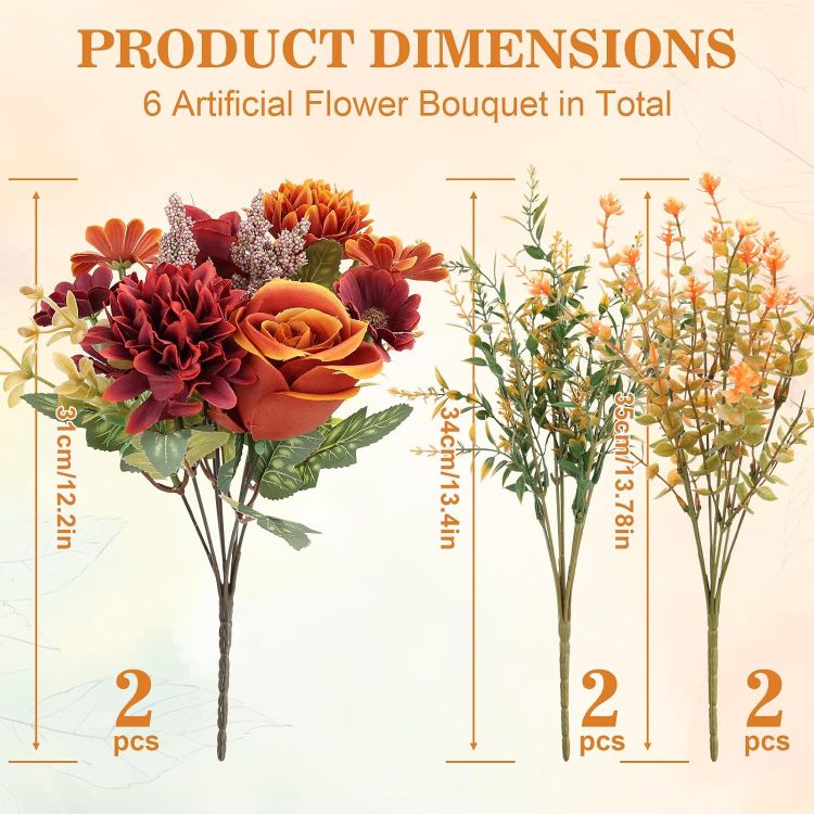 Picture of Autumn Artificial Rose Silk Flowers Faux Rose Daisy Bouquet, 6PCS 3 Flower Types, Realistic Silk, Bendable Stems. Low-Maintenance. Ideal for Weddings, Table Centerpieces, & Home Decor.