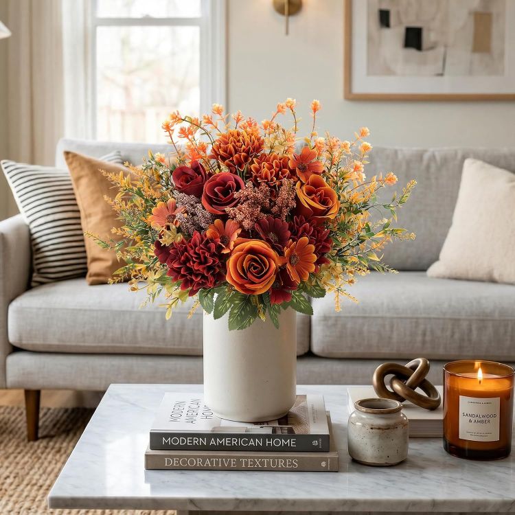 Picture of Autumn Artificial Rose Silk Flowers Faux Rose Daisy Bouquet, 6PCS 3 Flower Types, Realistic Silk, Bendable Stems. Low-Maintenance. Ideal for Weddings, Table Centerpieces, & Home Decor.