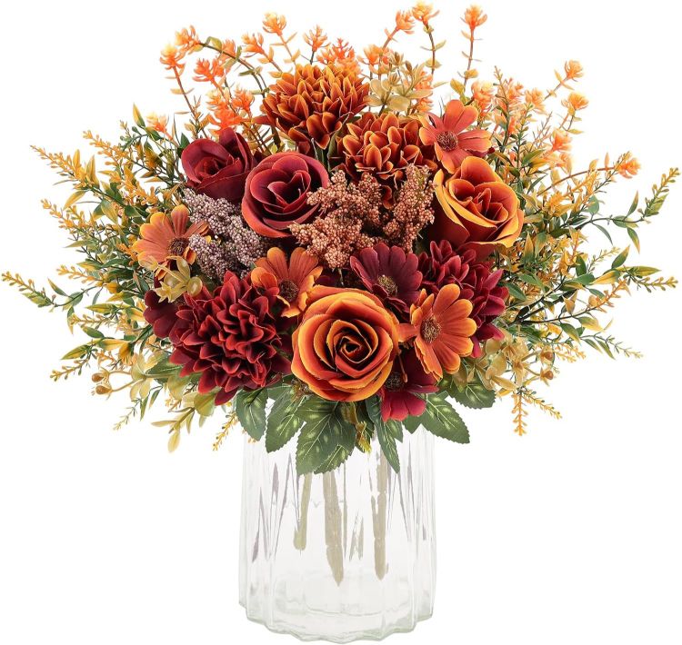 Picture of Autumn Artificial Rose Silk Flowers Faux Rose Daisy Bouquet, 6PCS 3 Flower Types, Realistic Silk, Bendable Stems. Low-Maintenance. Ideal for Weddings, Table Centerpieces, & Home Decor.