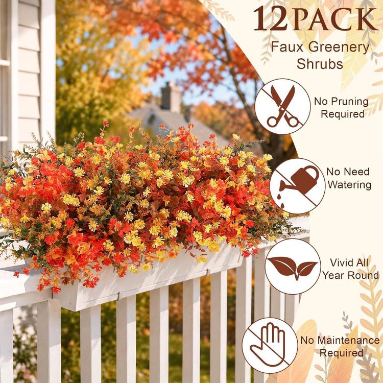 Picture of Autumn Flowers Artificial, 12 Bundles Fake Fall Flower for Autumn Decor Realistic Autumn Artificial Flowers, Faux Plastic Autumn Plants for Garden Window Porch Balcony Indoor Outdoor Home Decor