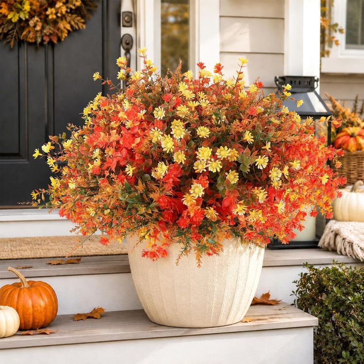 Picture of Autumn Flowers Artificial, 12 Bundles Fake Fall Flower for Autumn Decor Realistic Autumn Artificial Flowers, Faux Plastic Autumn Plants for Garden Window Porch Balcony Indoor Outdoor Home Decor