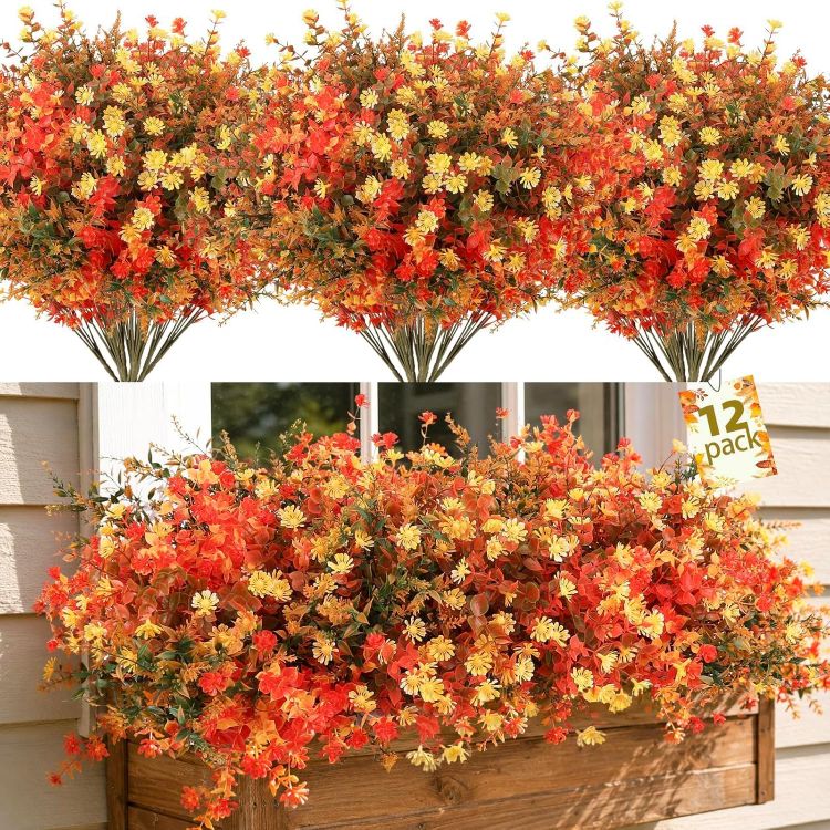 Picture of Autumn Flowers Artificial, 12 Bundles Fake Fall Flower for Autumn Decor Realistic Autumn Artificial Flowers, Faux Plastic Autumn Plants for Garden Window Porch Balcony Indoor Outdoor Home Decor