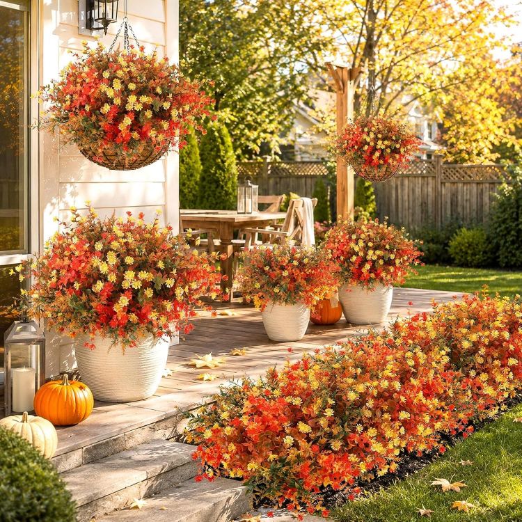 Picture of Autumn Flowers Artificial, 12 Bundles Fake Fall Flower for Autumn Decor Realistic Autumn Artificial Flowers, Faux Plastic Autumn Plants for Garden Window Porch Balcony Indoor Outdoor Home Decor