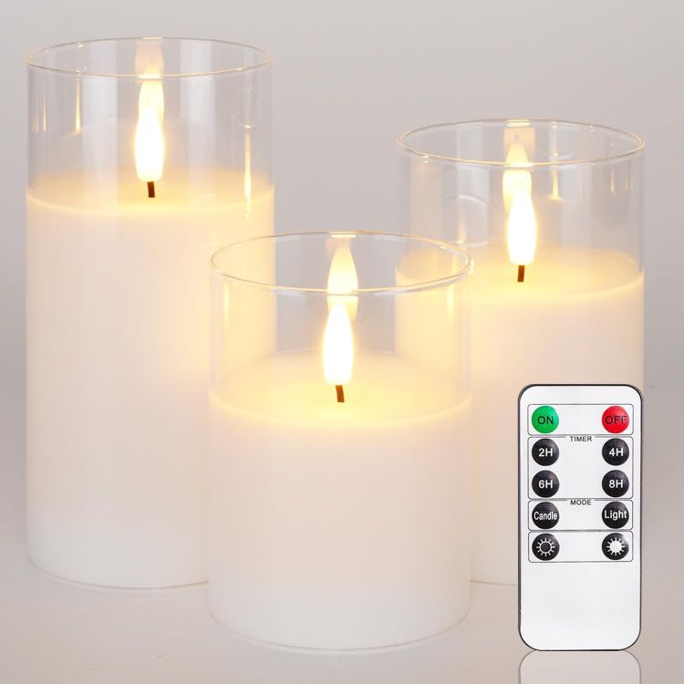 Picture of  Real Wax LED Candles Flickering, Clear Glass Shell, White Set of 3 500+ Hours Long Lasting Battery Operated Candles with Remote Control, Timer and Realistic 3D Wick for Wedding