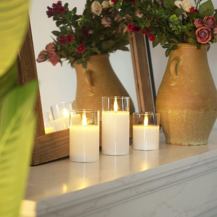 Picture of  Real Wax LED Candles Flickering, Clear Glass Shell, White Set of 3 500+ Hours Long Lasting Battery Operated Candles with Remote Control, Timer and Realistic 3D Wick for Wedding