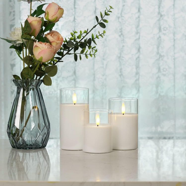 Picture of  Real Wax LED Candles Flickering, Clear Glass Shell, White Set of 3 500+ Hours Long Lasting Battery Operated Candles with Remote Control, Timer and Realistic 3D Wick for Wedding