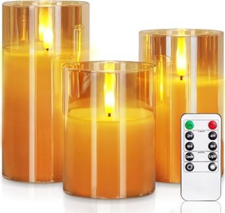 Picture of  Real Wax LED Candles Flickering, Clear Glass Shell, White Set of 3 500+ Hours Long Lasting Battery Operated Candles with Remote Control, Timer and Realistic 3D Wick for Wedding